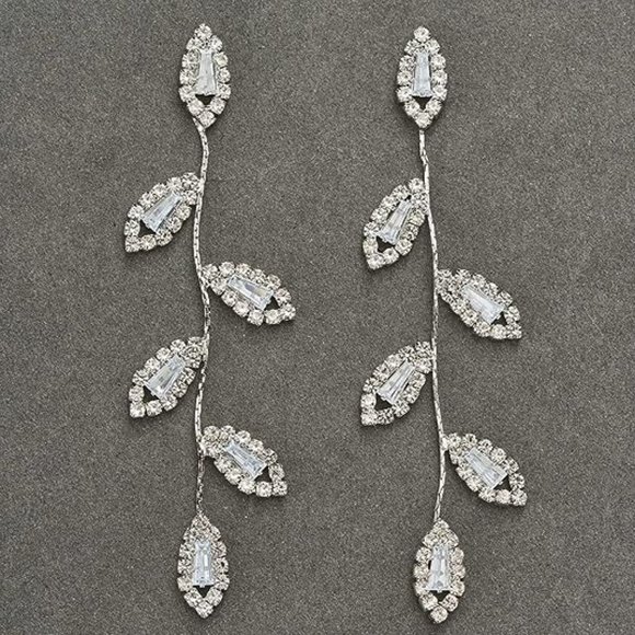 Vine Leaves Rhinestone CZ Pave Crystal Silver Leaf Earrings Bridal Formal New - Picture 1 of 6